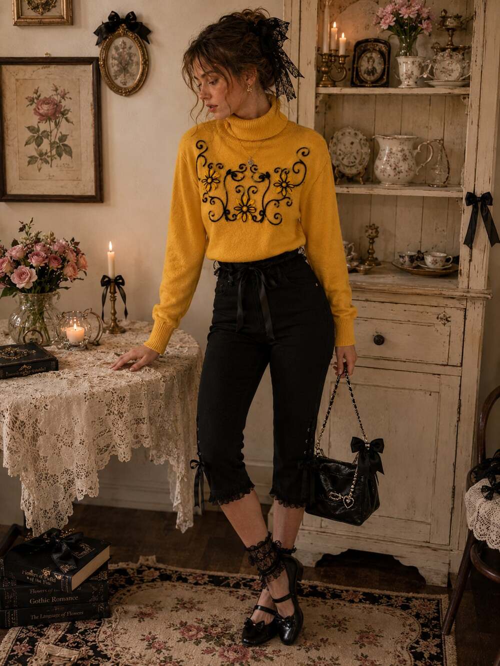 Vintage Marie Elyse Angora Blend Embroidered Turtleneck Sweater Cottagecore S